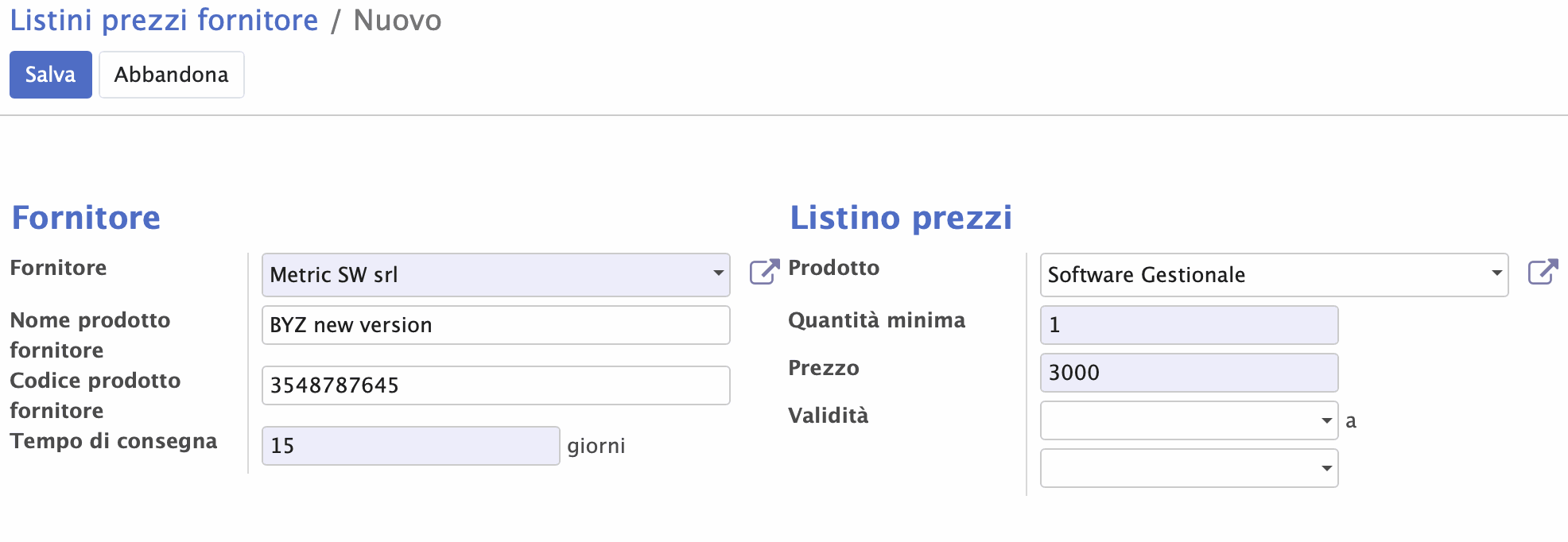 Listino fornitore